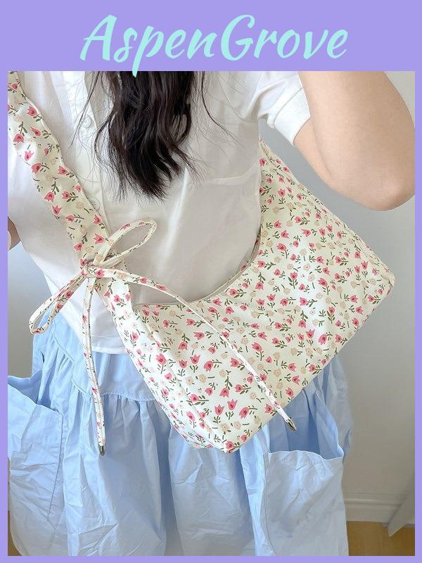 Japanese Inspired Sweet Floral Canvas Shoulder Bag With Zipper Top For Womens Casual Outfits