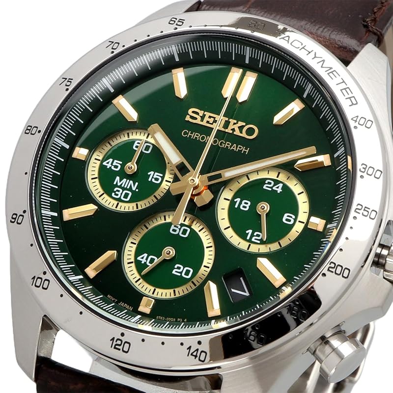 Seiko 1/5 Second Chronograph Quartz Men's Watch SBTR017 Green with Brown Leather Strap [Official Japanese Product]