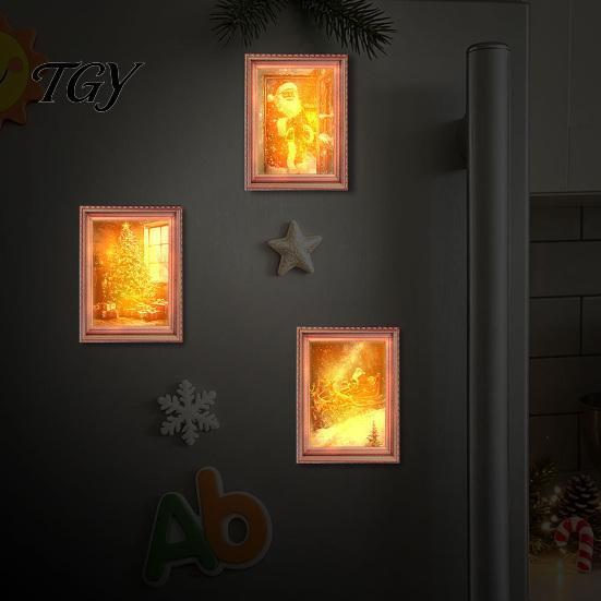 Christmas Refrigerator Magnets 3Pcs Light-up Frame Magnet, Vintage Wooden Picture Frames with Lights Fridge Glowing Magnetic Holder for Cabinet Locker