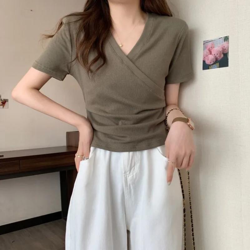 

Right Shoulder Short-sleeved T-shirt for Women Pure Cotton Summer New Design Niche Slim Fit Short Sweet Spicy Top for Women L зелений