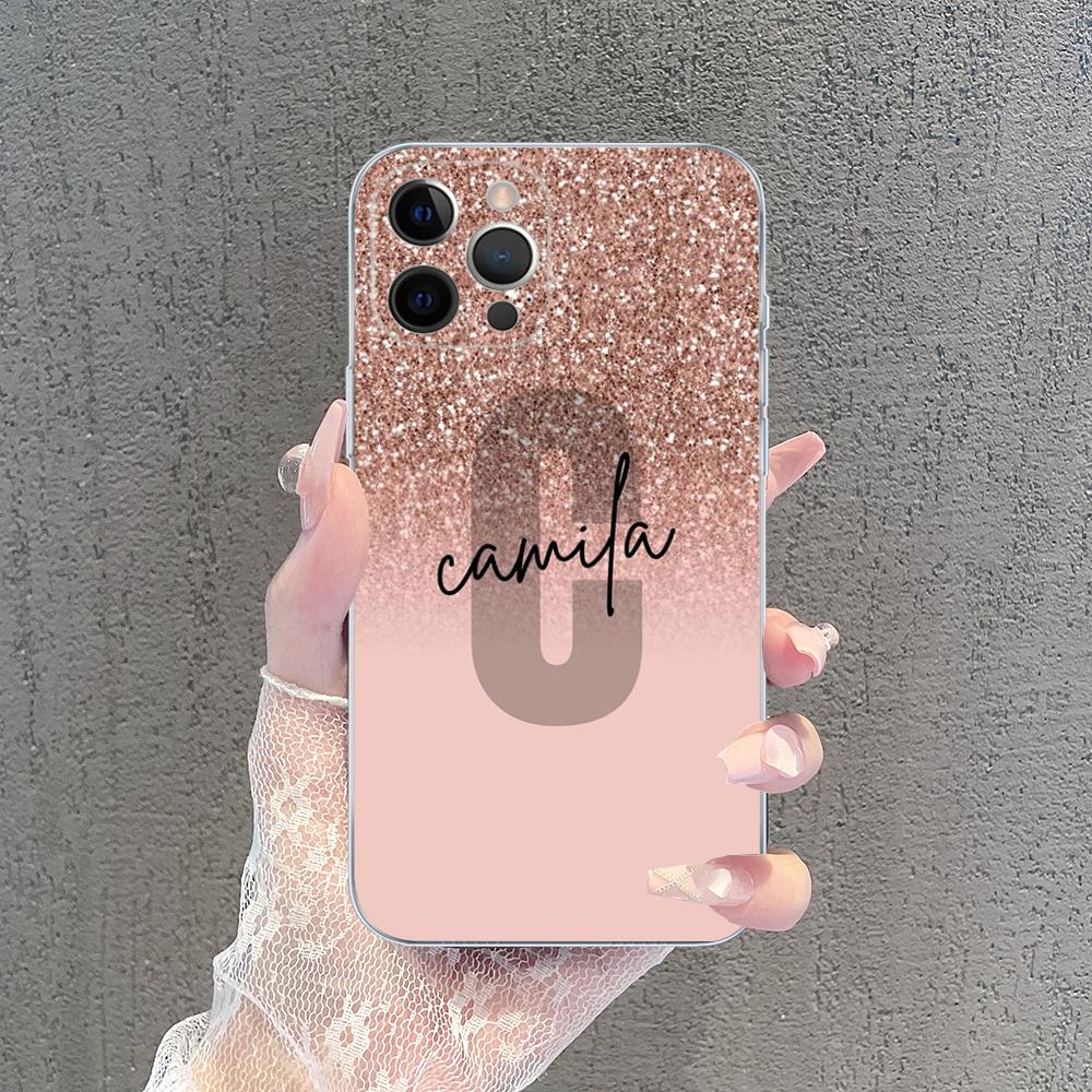 Letter Pink Shiny M R Clear Phone Case For IPhone 15 14 13 12 Mini 11 Pro XS Max X XR SE 6 7 8 Plus Soft Silicone Cover