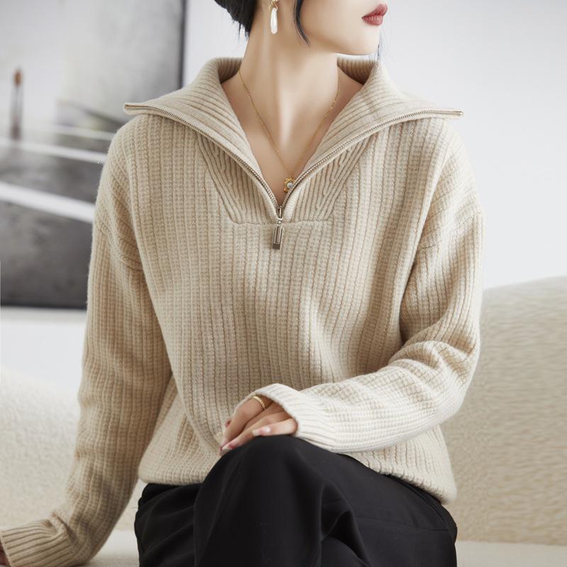Women's 100% Wool Half-Zip Sweater - Thickened Lapel, Autumn/Winter, Loose Fit Sweater Top.