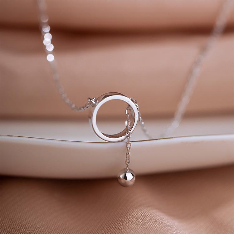 

S925 Sterling Silver Women s Geometric Circle Necklace with Tassel Pendant 925 Silver