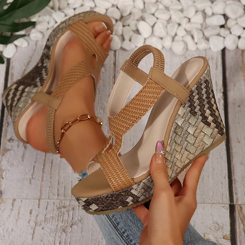 Fashion Women Shoes Retro Thick Bottom Sandals for Women Casual T-Strap Wedge Sandal Female Summer Elastic Band Open Toe Sandalias Mujer