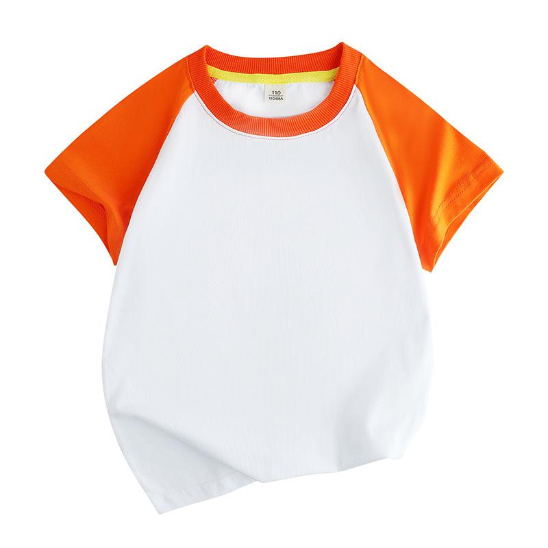 Summer Cotton Raglan Color Block Kids' Round Neck T-Shirt - Solid Color, Sweat-Absorbing, Short Sleeve Uniform