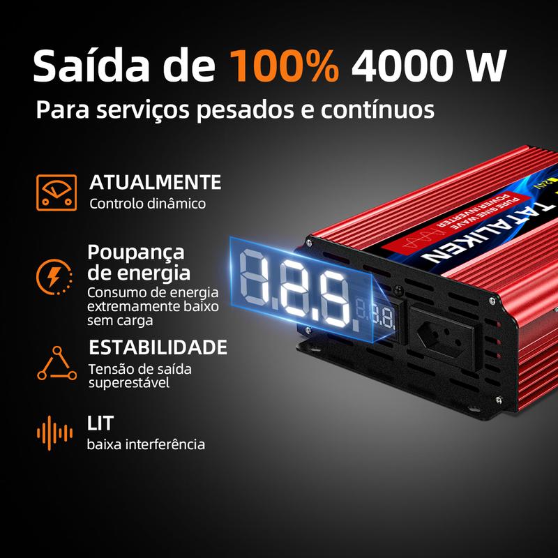 1600W Multi-Power Brazil Compatible Inverter, 12V DC Input to 110V or 220V AC Output, with Digital Screen & Temperature Control