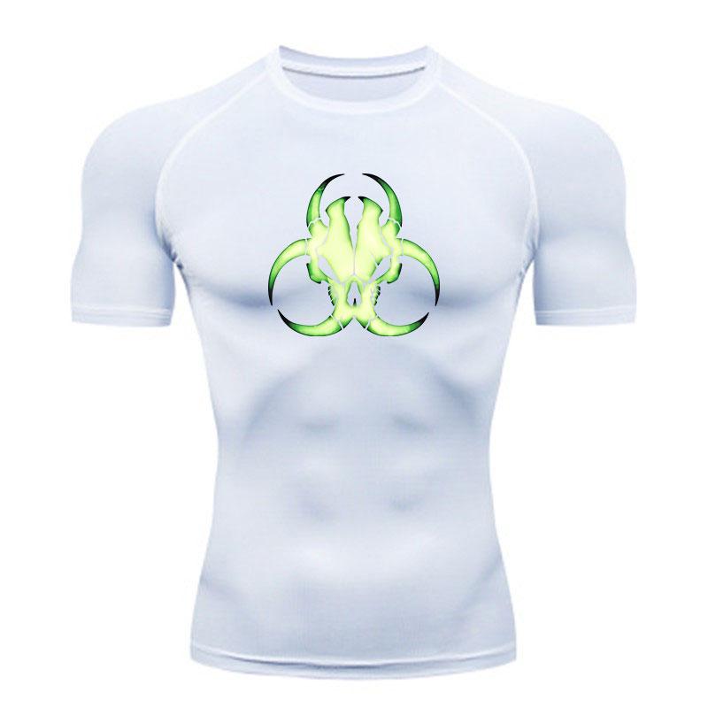 Men's Compression Workout T-Shirt, Green Glow Biohazard Skull Pattern Quick Dry Breathable Athletic Shirt for Gym Running Training Active Casual Wear