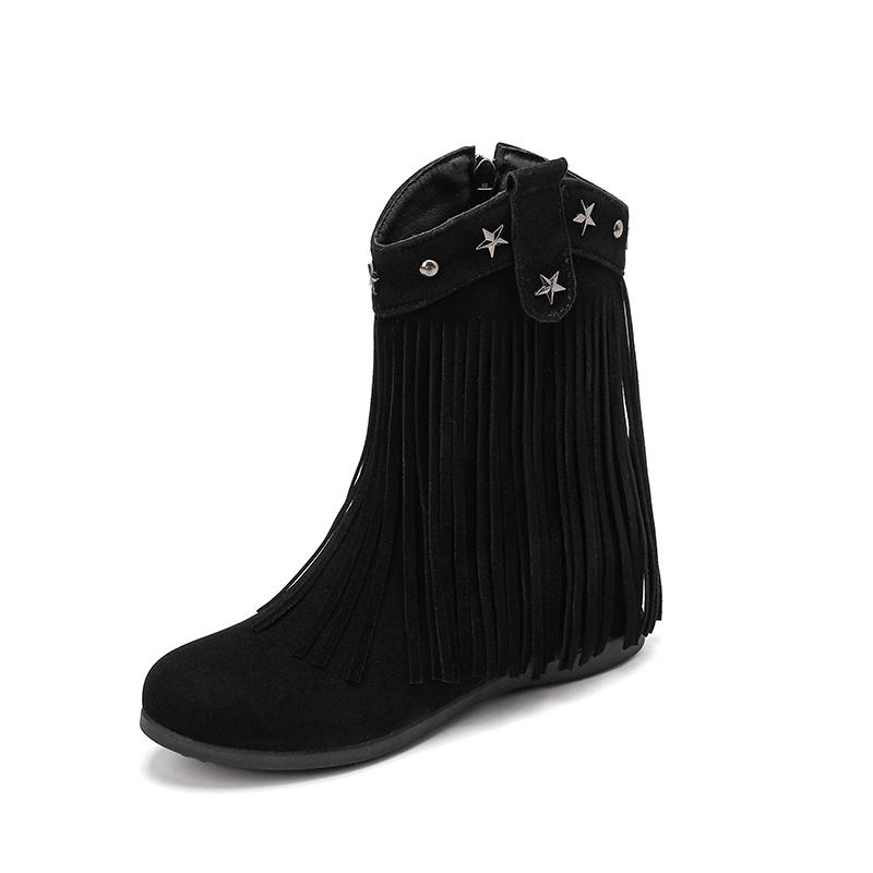 

Ковбойские западные ботинки с бахромой Женские замшевые ретро ботильоны Увеличивающие рост заклепки Боковая молния Зимняя обувь 36