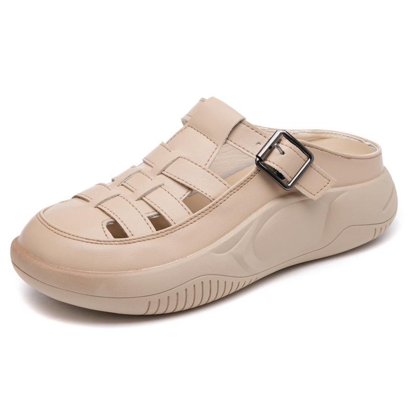 Baotou slippers women s fashion high-end sense with skirts summer new leather half-drag hollow cool slippers 40 абрикосовый