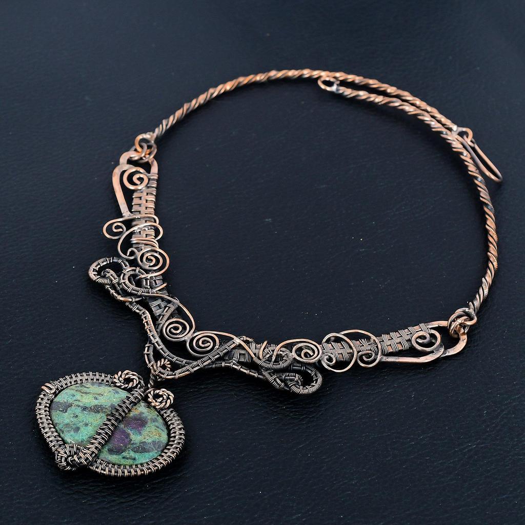 Ruby In Zoisite 999 Copper Wire Wrapped Necklace Adjustable, Chain Necklace Handmade Gemstone, Gift For Mom Antique Jewelry