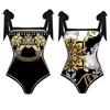 Damen Vintage Fashion Badeanzug Gepolstertes Bikini-Set Doppelseitig Bedruckter Monikini Schnür-Überzug Bademode-Set Zweiteiliger Dezenter Badeanzug