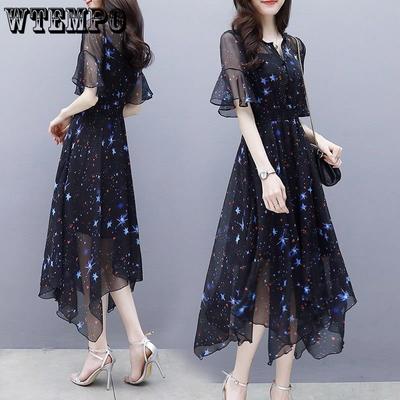 Large Women's Slim Slim Fragmented Chiffon Dress Slim Waist Over Knee Length Dress Sexy V-Neck Dress Comfortable Breathable Dresses