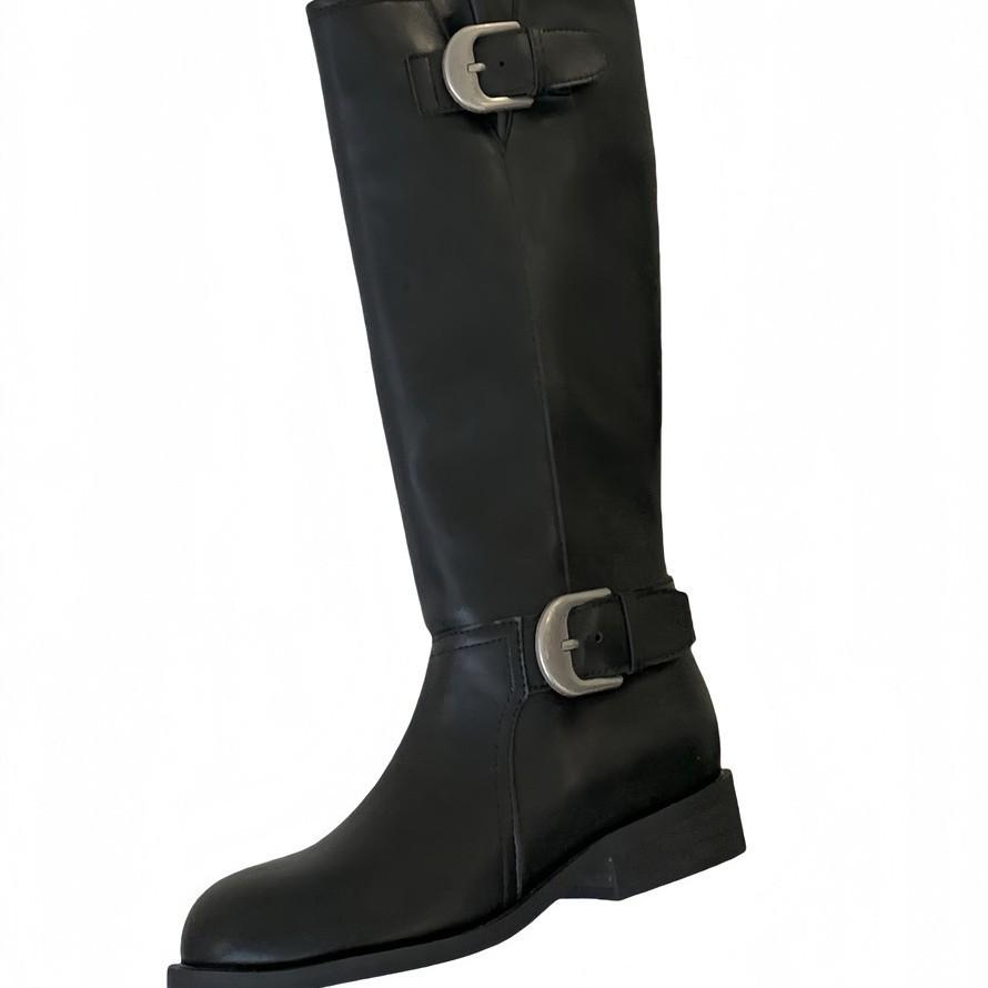 2025 new versatile fashion boots women's retro suede splicing round head knight boots belt buckle thick heel boots