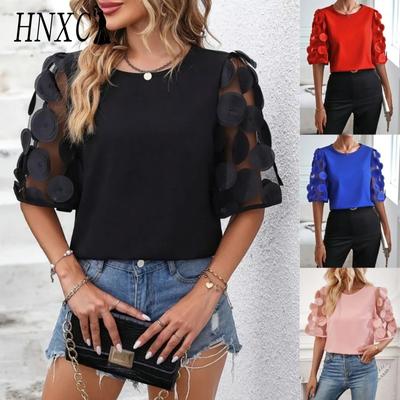 HNXC Damenmode Lässig Einfarbig Druck Kurzarm O-Ausschnitt Blusen & Hemden