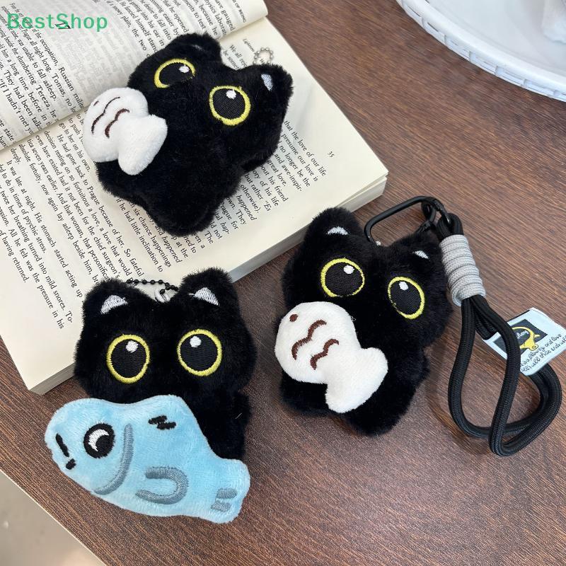 Cute Plush Big-eyed Black Cat Pendant With A Small Fish,Creative Couple's Bag Accessory,Little Black Cat Keychain