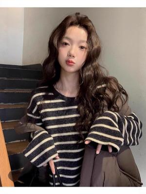 Autumn/Winter Japanese Style Color Block Stripe Loose Fit Round Neck Top