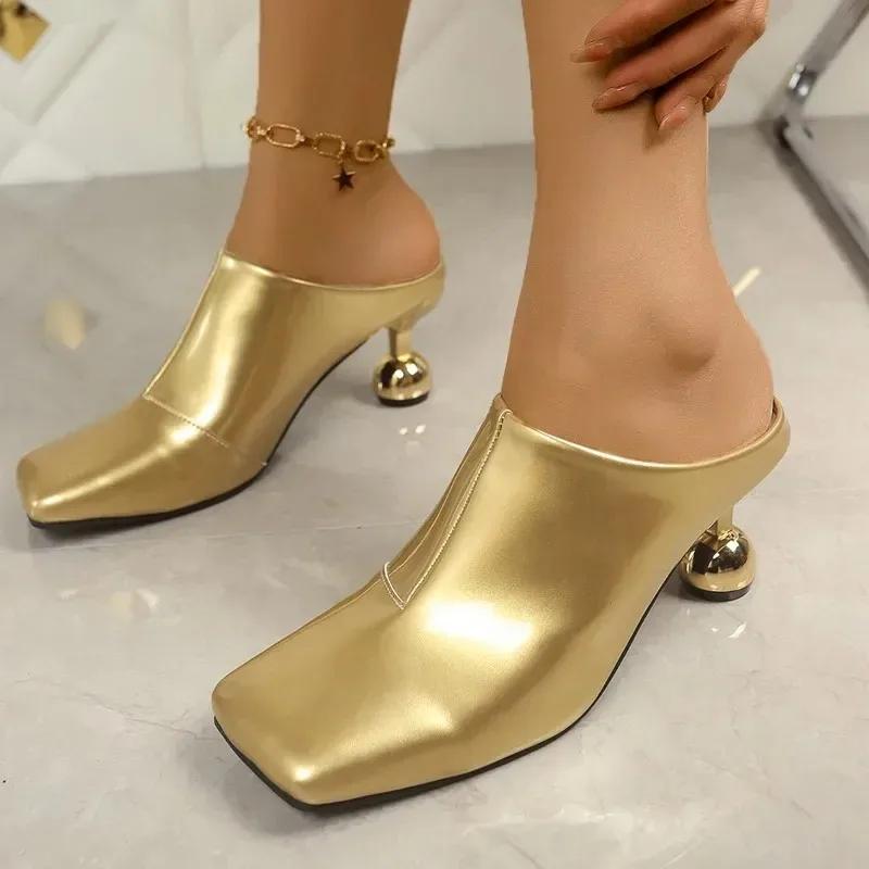 Fashion New High Heels Slipppers Elegant Women Slides Square Toe Shallow Summer Dress Mules Sexy Metal Strange Style Heels Shoes Size 42