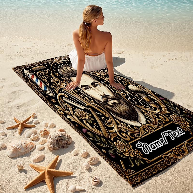 1PC Custom Name Barber Shop Vintage Art Beach Towel Highly Absorbent And Sand-Resistant Towel for Swimming, Pool, Yoga, And Travel Lightweight