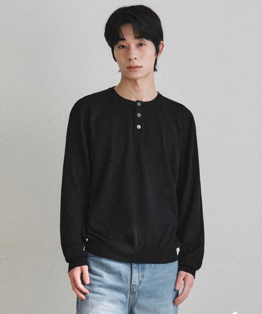 Wednesday Oasis Washable Minimalist Henley Neck Knit_Black(Wc26Kn21)