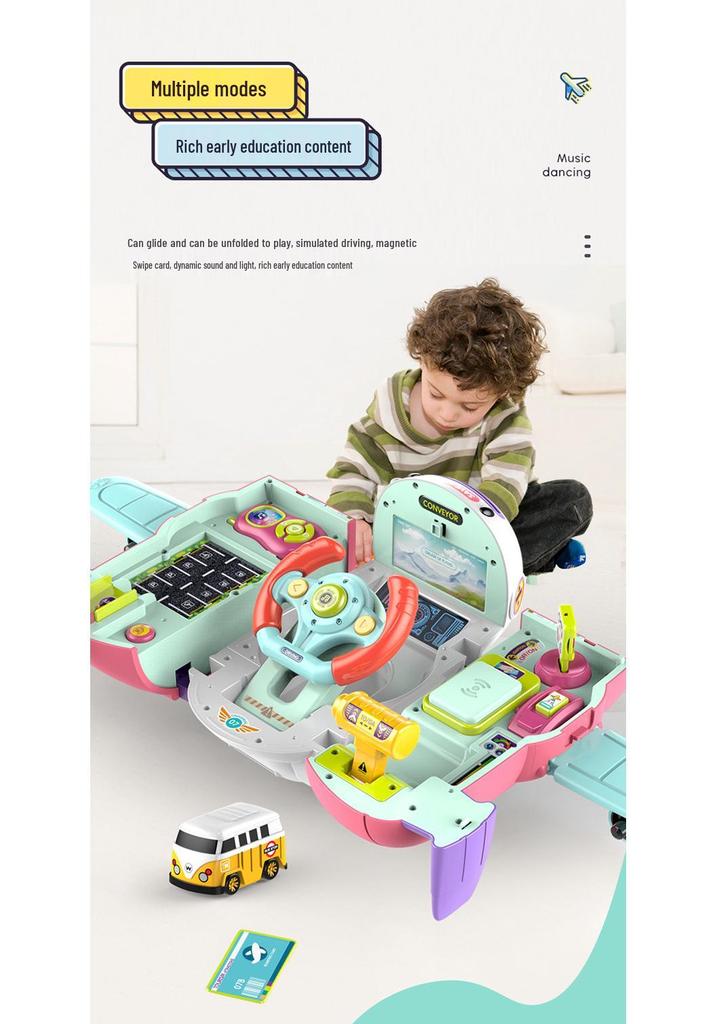 Multifunctional Educational Airplane Toy with Lights, Music, Driving Simulator, and Piggy Bank for Kids