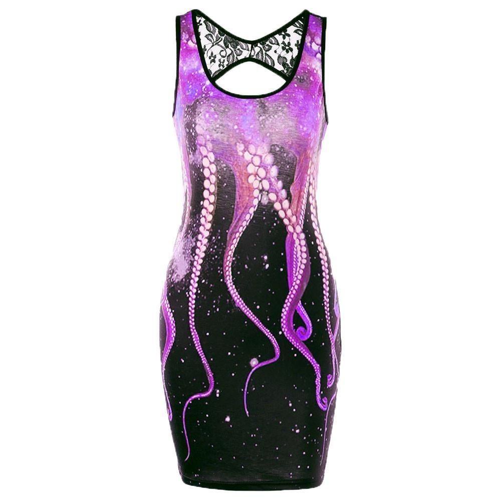 Women Summer Delicate Sleeveless Cut Out Octopus Print Mini Dress With Lace Stitching