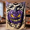 Halloween Flannel Throw Blanket Purple Pumpkin Bat Pattern Napping Home Decor