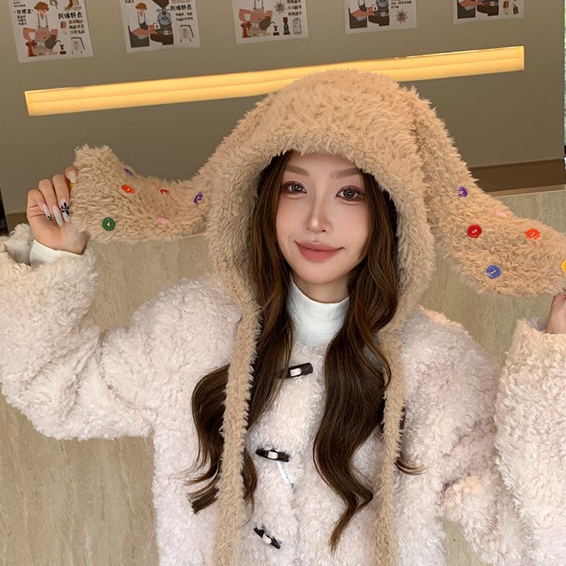 Winter outdoor thermal hat children plush cartoon cute rabbit ears cold protection ear protection knitted pullover hat tide