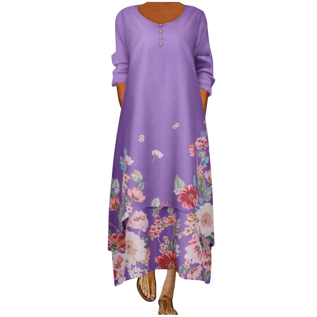 Womens Long Sleeve Floral Print O Neck Long Sleeve Irregular Loose Splice Maxi Dresses