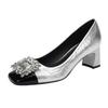 Trendy Brand French Thick Heel Silver High Heels 2025 New Retro Square Head Light Mouth Rhinestone Middle Heel Professional Single Shoes