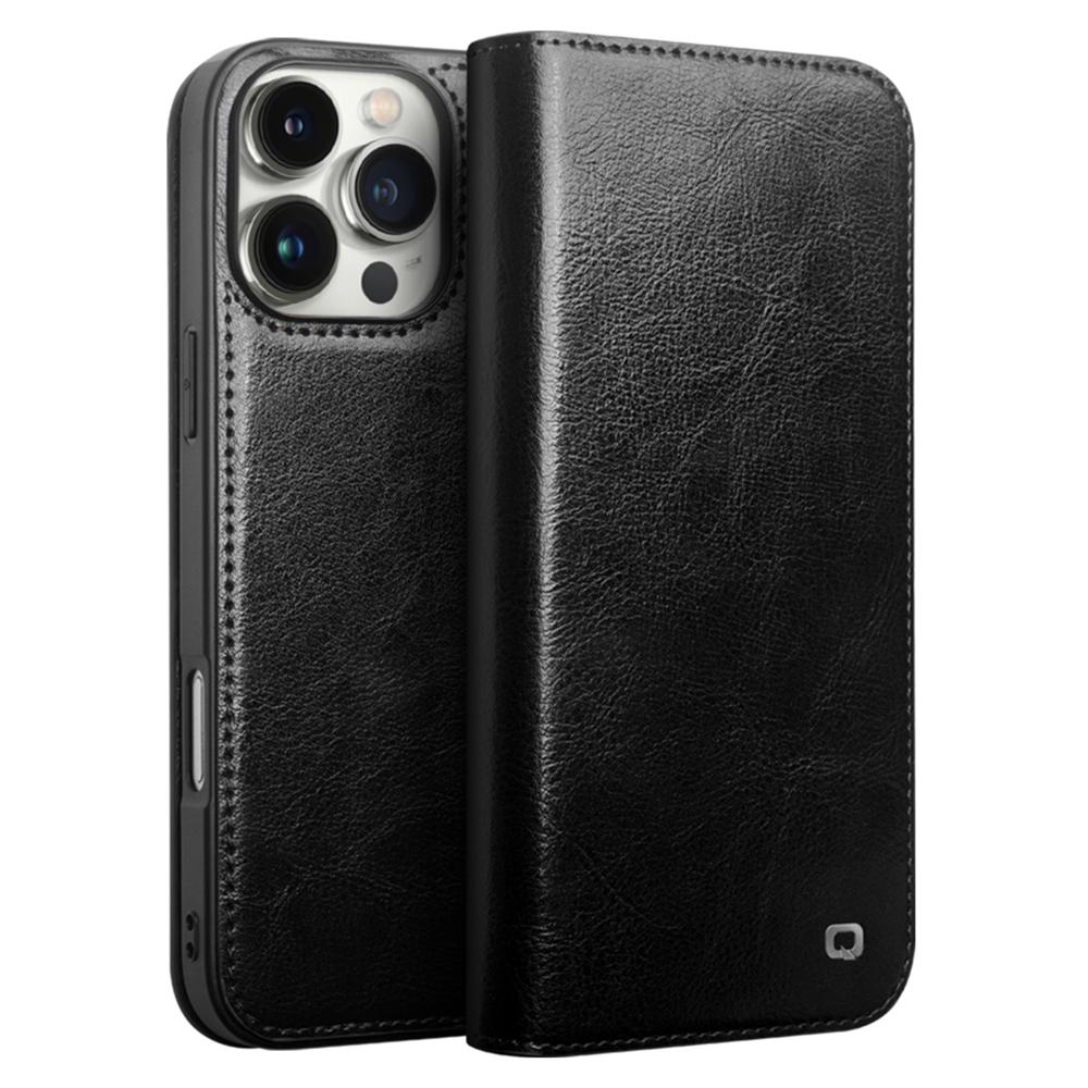 

QIALINO For iPhone 16 Pro Max Case Genuine Cow Leather Card Slots Phone Cover Black