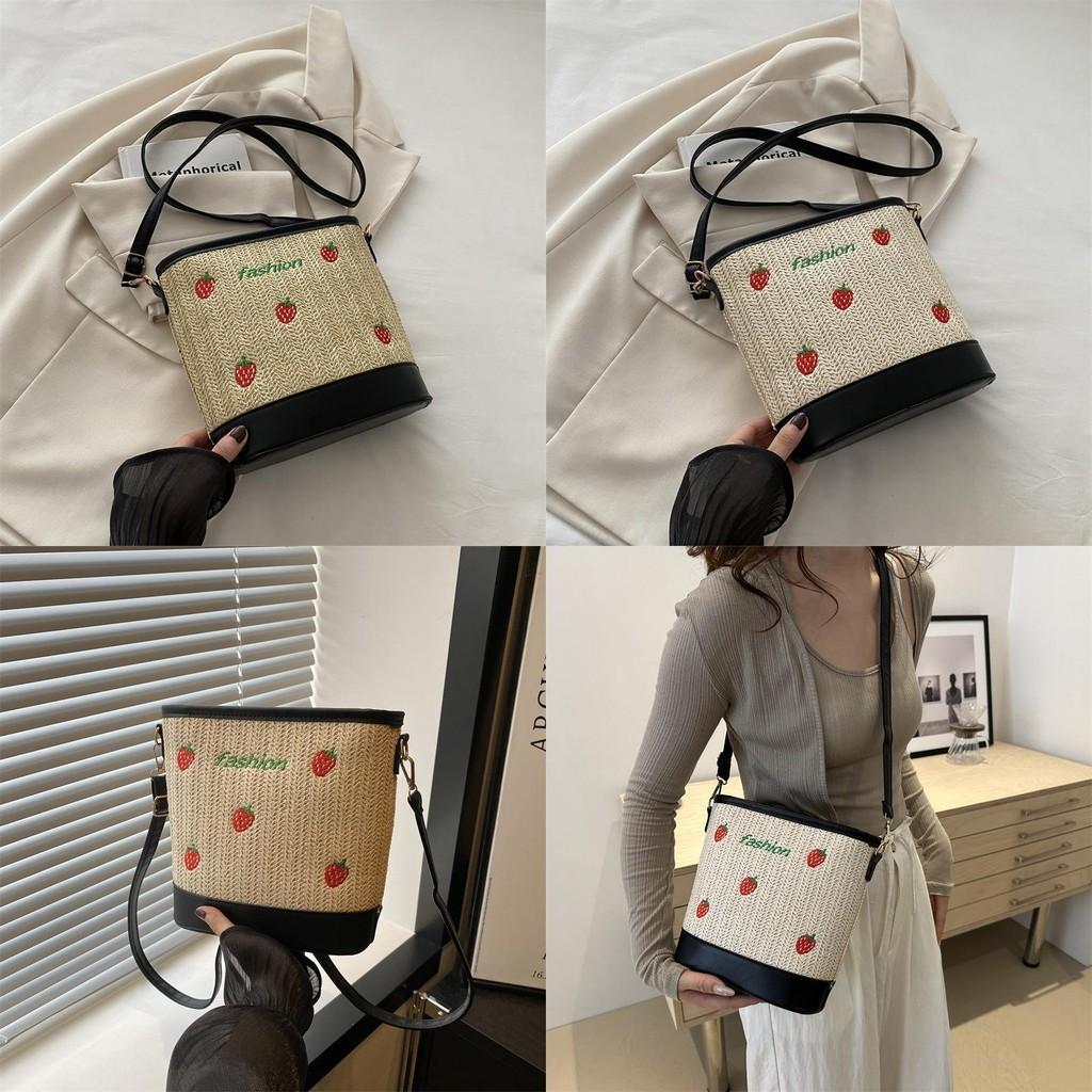 Trendy Chic Woven Bucket Bag For Women Summer Sling Tote Handbag With Soft Structure