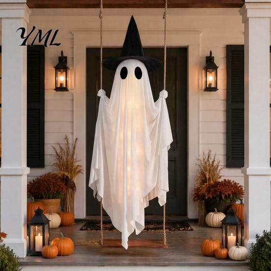Dekoratives Gespenst für Veranda Leuchtende Halloween Hängeschaukel mit Hexenhut, Fernbedienung Einstellbare Gruselige Ornamente Helligkeit,