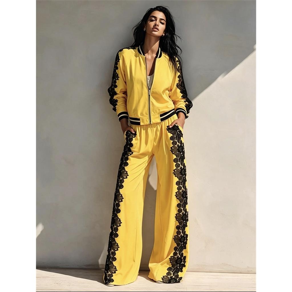 Women Lace Splicing Two Piece Set Zipper Baseball Jacket + Wide Leg Pants Casual Long Sleeve Tracksuit Ladies Outfit