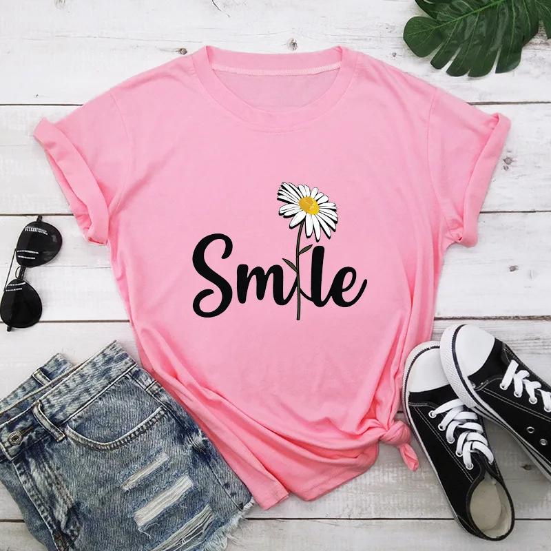 Women T Shirt Smile Daisy Print Tshirt Women Short Sleeve O Neck Loose T-shirt Ladies Summer Causal Tee Shirt Clothes