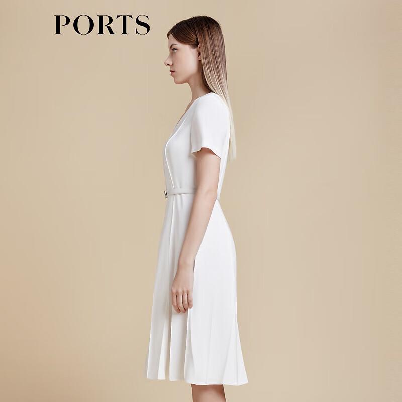 PORTS Women's Solid Short Sleeve V-Neck Belted Midi Dress
