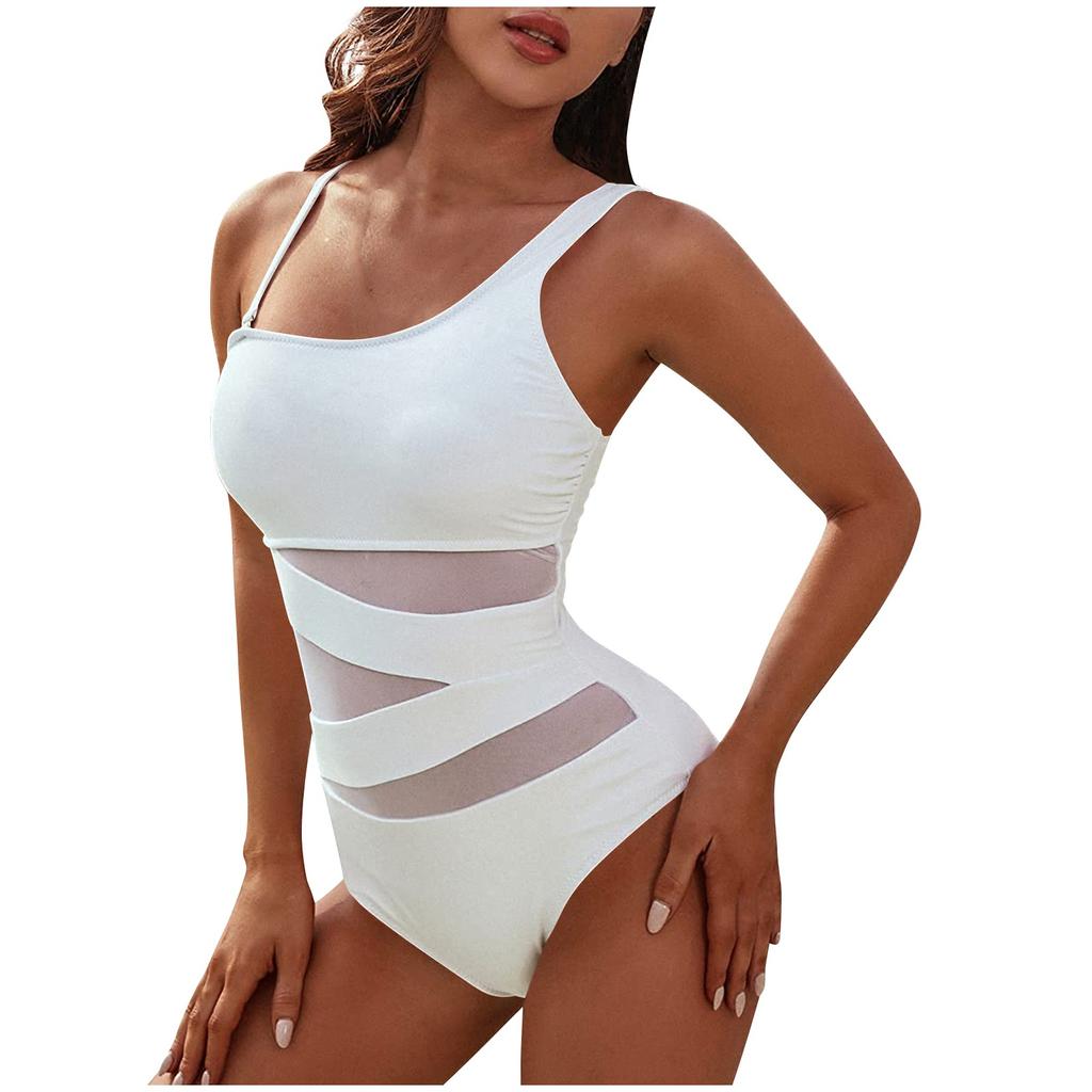 Women's Fashion Splicing Mesh Spaghetti Straps Bikini Swimsuit With Slanted Shoulder