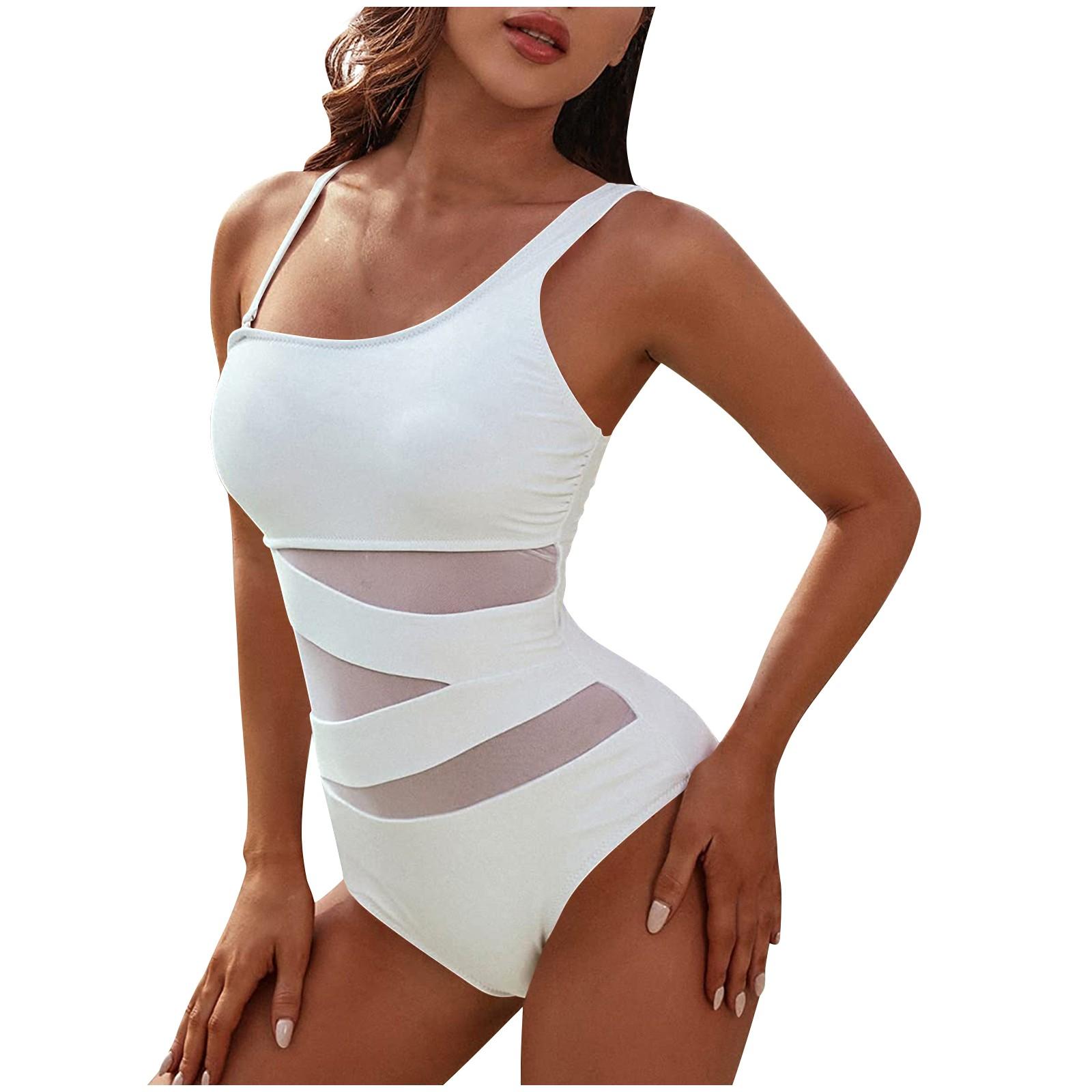 

Women s Fashion Splicing Mesh Spaghetti Straps Bikini Swimsuit With Slanted Shoulder XL білий