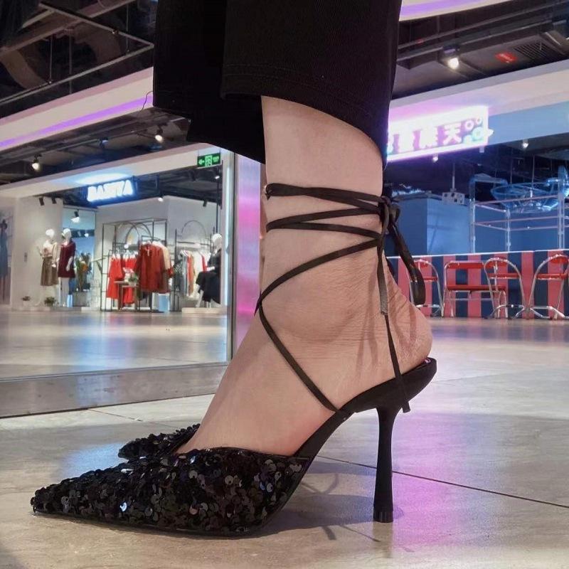New Black Sequins Pointed Toe Women Pumps Fashion Stiletto High Heels Woman Slingbacks Party Dress Shoes Women Sandalias Female