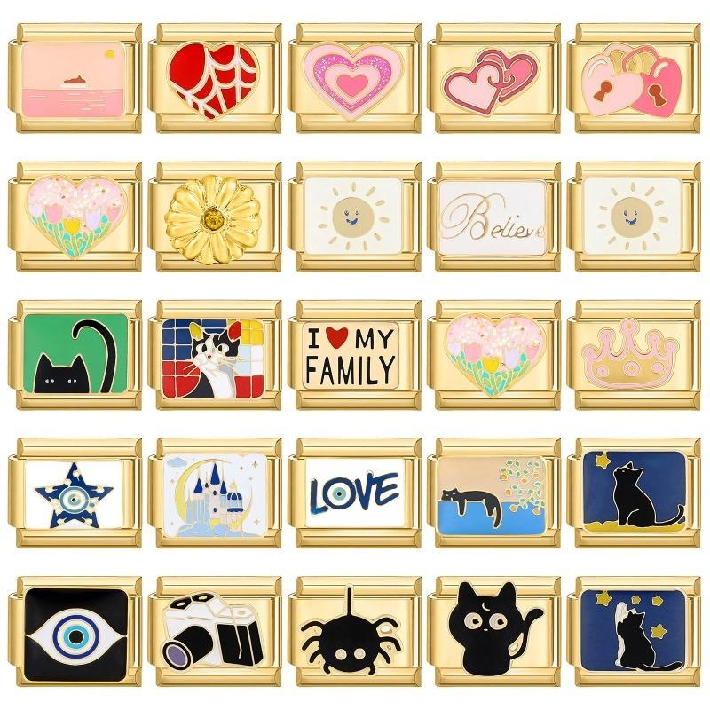 Gold Color Black Cats Heart Devil Eyes Flowers Italian Charm Links Fit 9mm Stainless Steel Bracelet Men Women DIY Making