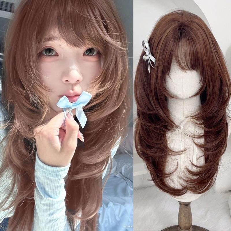Synthetic Brown Wig Women Wig for Cosplay High-Layered Wavy Hair Wig with Hair Bangs 26inch Long Wig for Women Daily Party Use