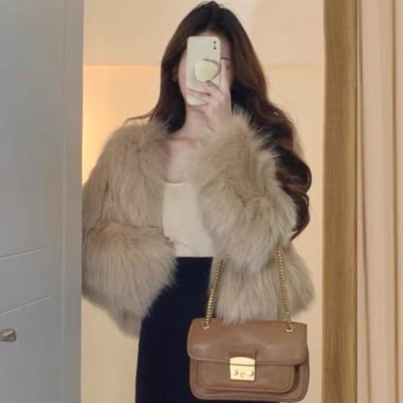 Autumn and winter new simple imitation fox fur coat women's high waist short wool coat light