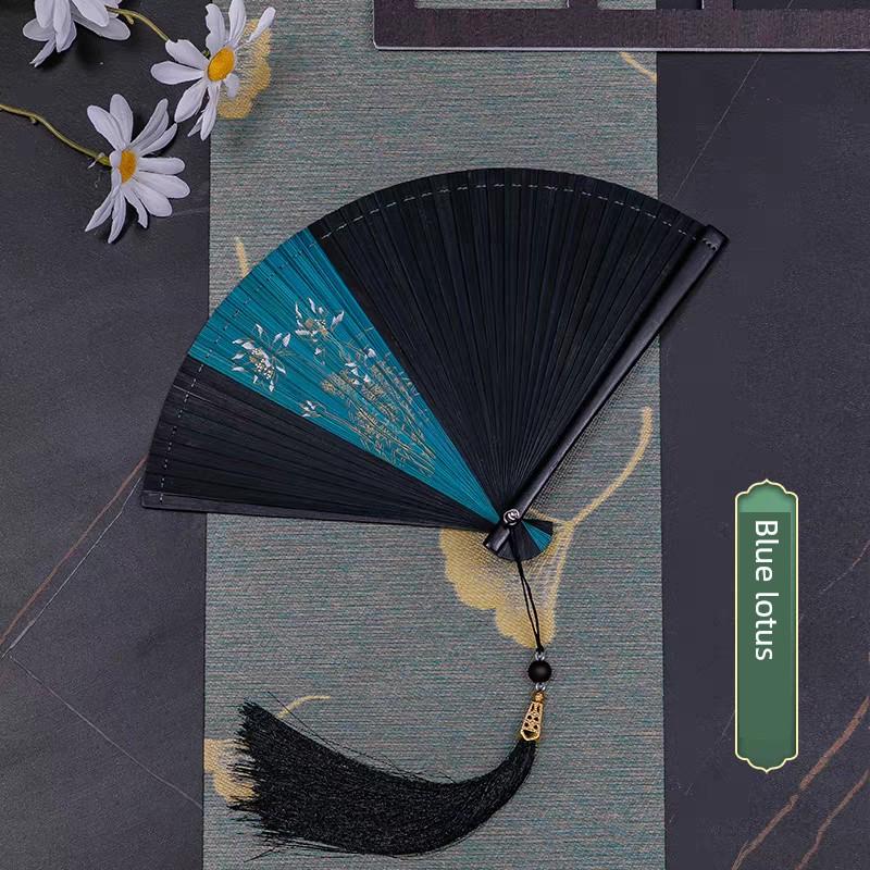 Chinese Style All-Bamboo Classical Fan for Women, Japanese-Style Ancient Classical Black Folding Fan, Bamboo Fan for Hanfu Dance, Portable and Easy