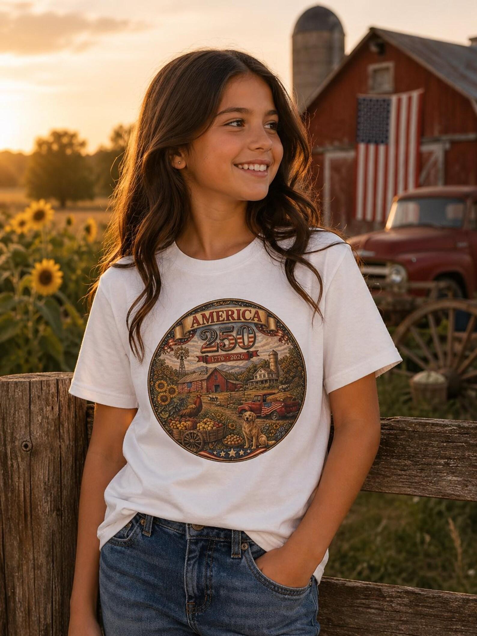 Vintage America Rustic Farm Scene Kids Tee | Patriotic Harvest Graphic 100