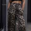 Women Long Pants Elastic High Waist Wide Leg Trousers with Pockets Leopard Print High Street Style Casual Pants