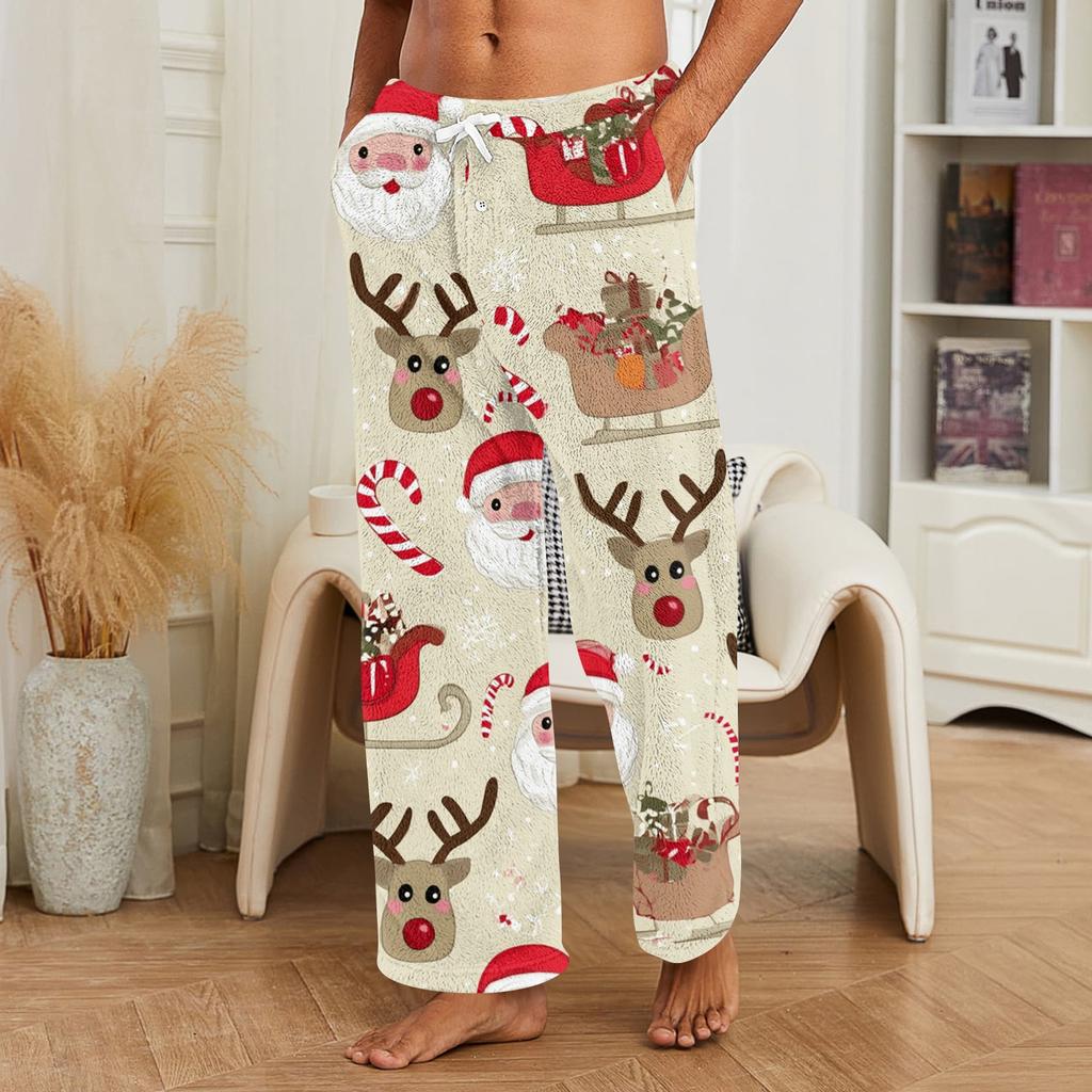 Pánské ležérní plyšové vánoční pyžamové kalhoty pro volný čas a na svátky