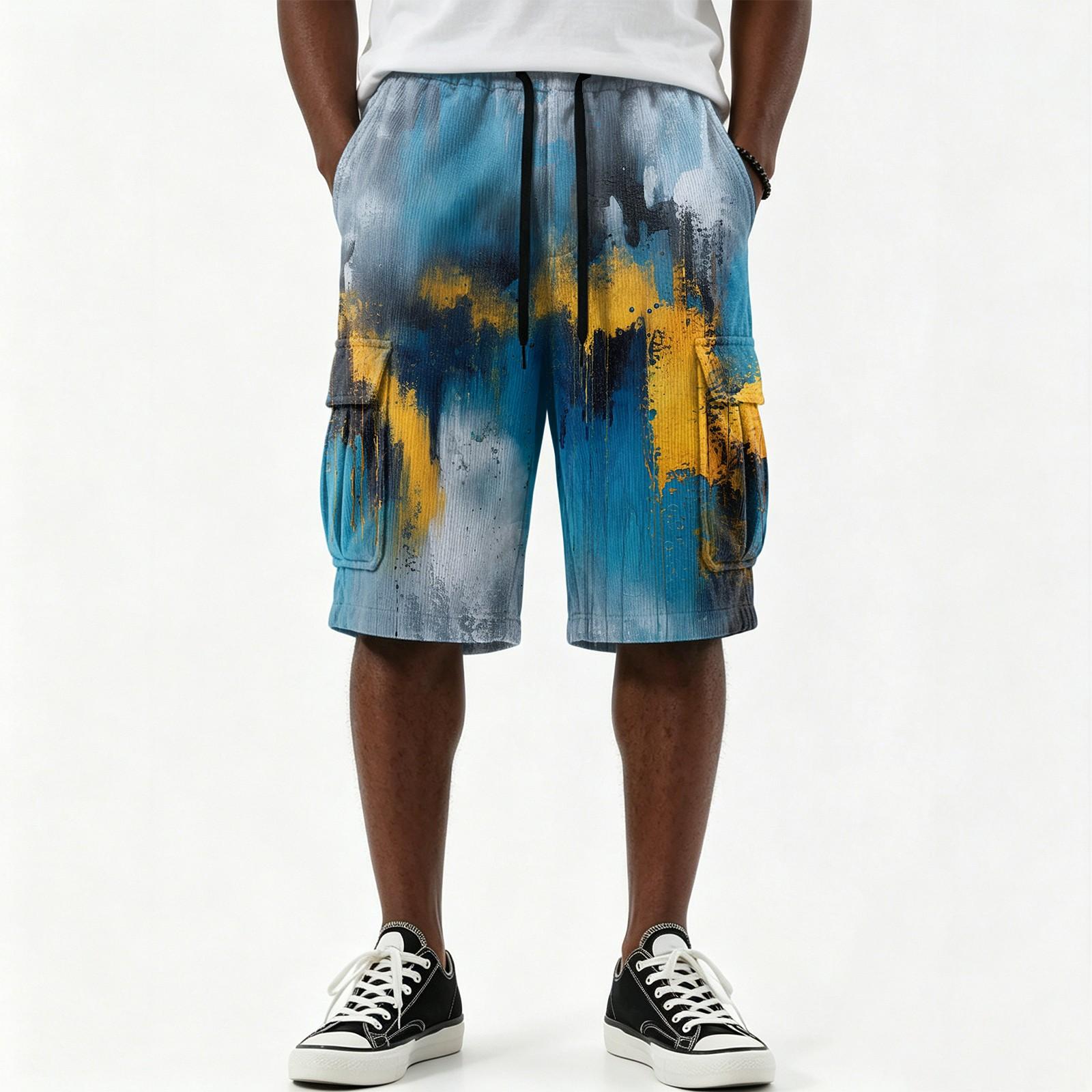 Men s Casual Gradient Print Drawstring Shorts Multi Pocket Knee Length Loose Fit Summer Beachwear XL