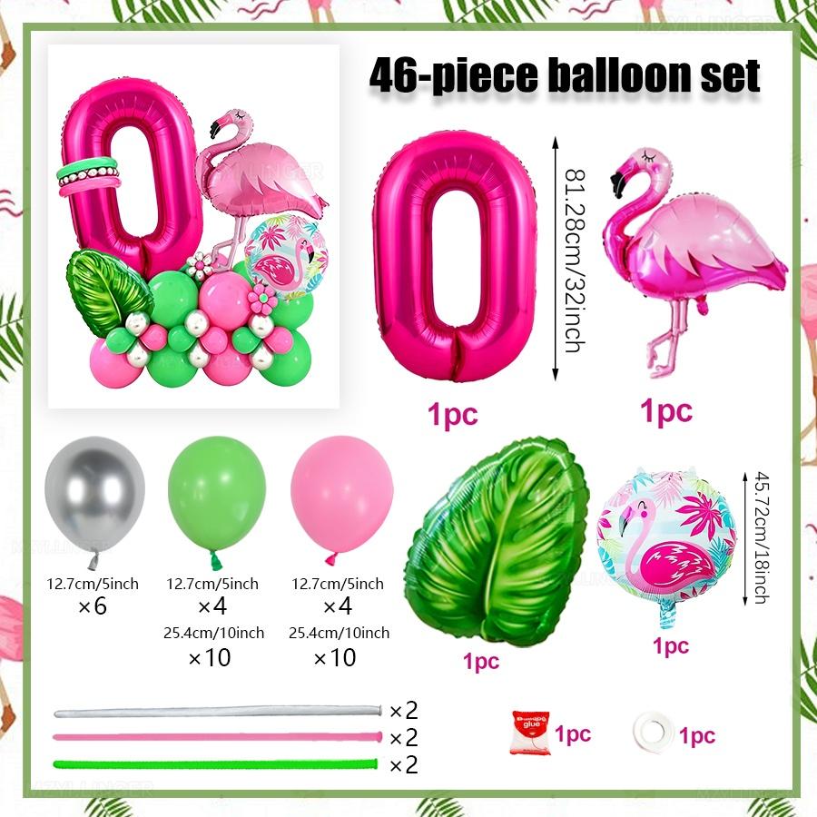46pcs Flamingo Hawaii Theme Balloon Set Rose Red Digital Balloon 0-9 Leaf Balloon for Birthday Party Anniversary Decoration