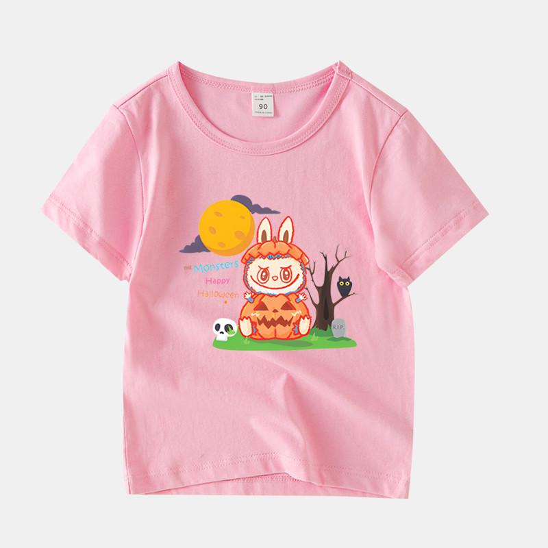 LABUBU Children's Short-sleeved T-shirt, 8 Colors, Comfortable T-shirt for Girls, Cute Cartoon Style,Halloween pumpkin LABUBU, Round Neck Top for Kids
