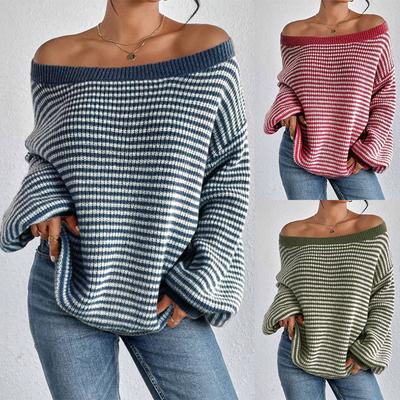 Women's Off Shoulder Striped Knit Sweater Loose Casual Long Sleeve Pullover Top