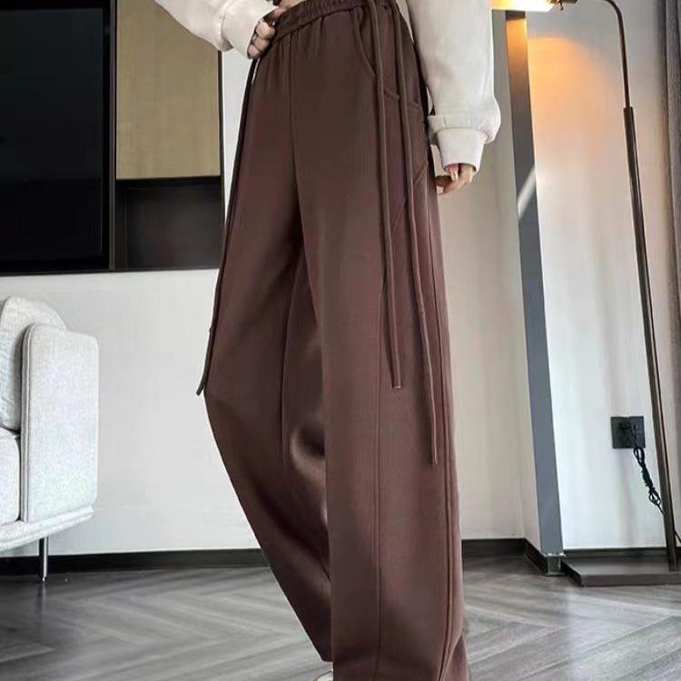 Drapey Coffee Drawstring Wide-Leg Sweatpants for Women - Versatile Spring/Autumn Style